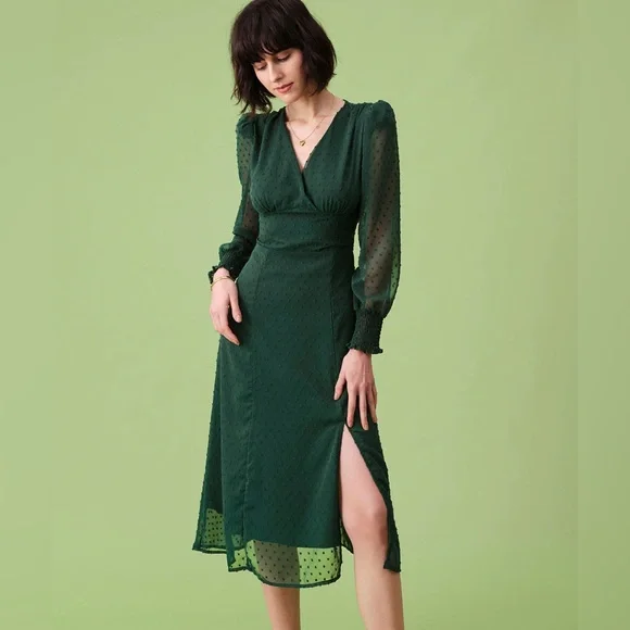 RIHOAS | Dresses | Nwt Rihoas V Neck Jacquard Sheer Sleeve Midi Dress Sz S  | Poshmark